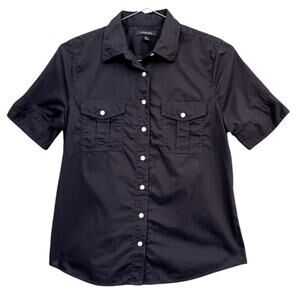 LANDS'‎ END Top Shirt Blouse Pristine Short Sleeves Small Button Front Navy Blue